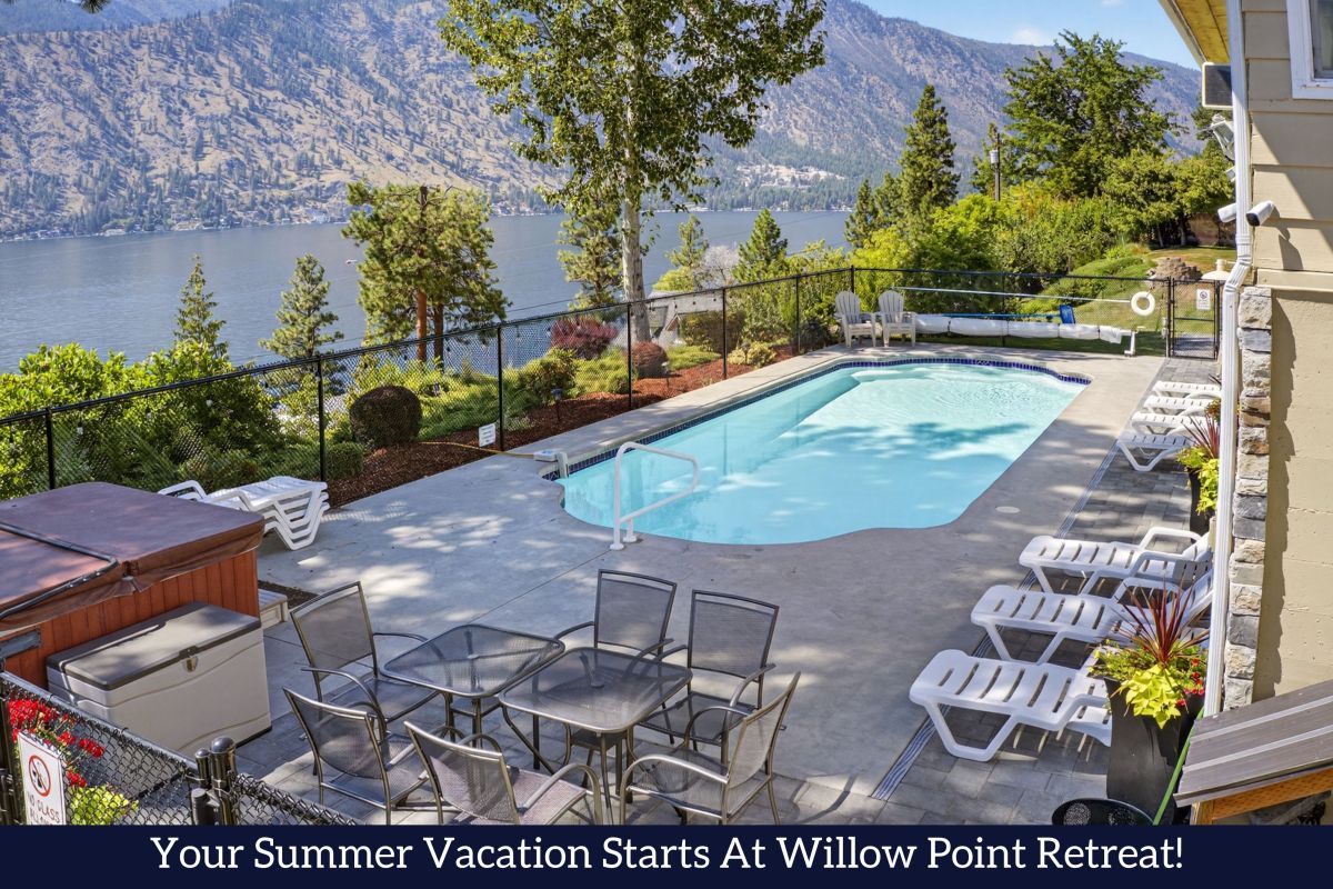 Welcome to Willow Point Retreat equipped with a stunning pool area with panoramic views of Lake Chelan and surrounding mountains creates the perfect scenic retreat.